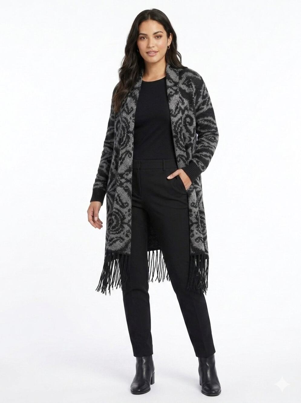 Garnet Hill Mohair Blend Open Front Fringe Duster Cardigan Black Gray Ikat Small